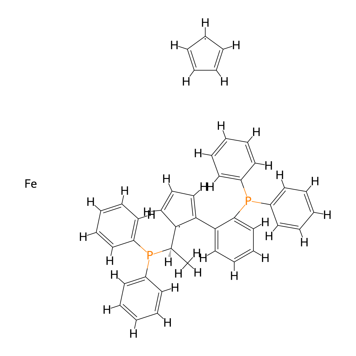 (R)-1-[(R)-2-(2'-Diphenylphosphinophenyl)ferrocenyl]ethyldiphenylphosphine molecular structure, CAS 388079-58-1