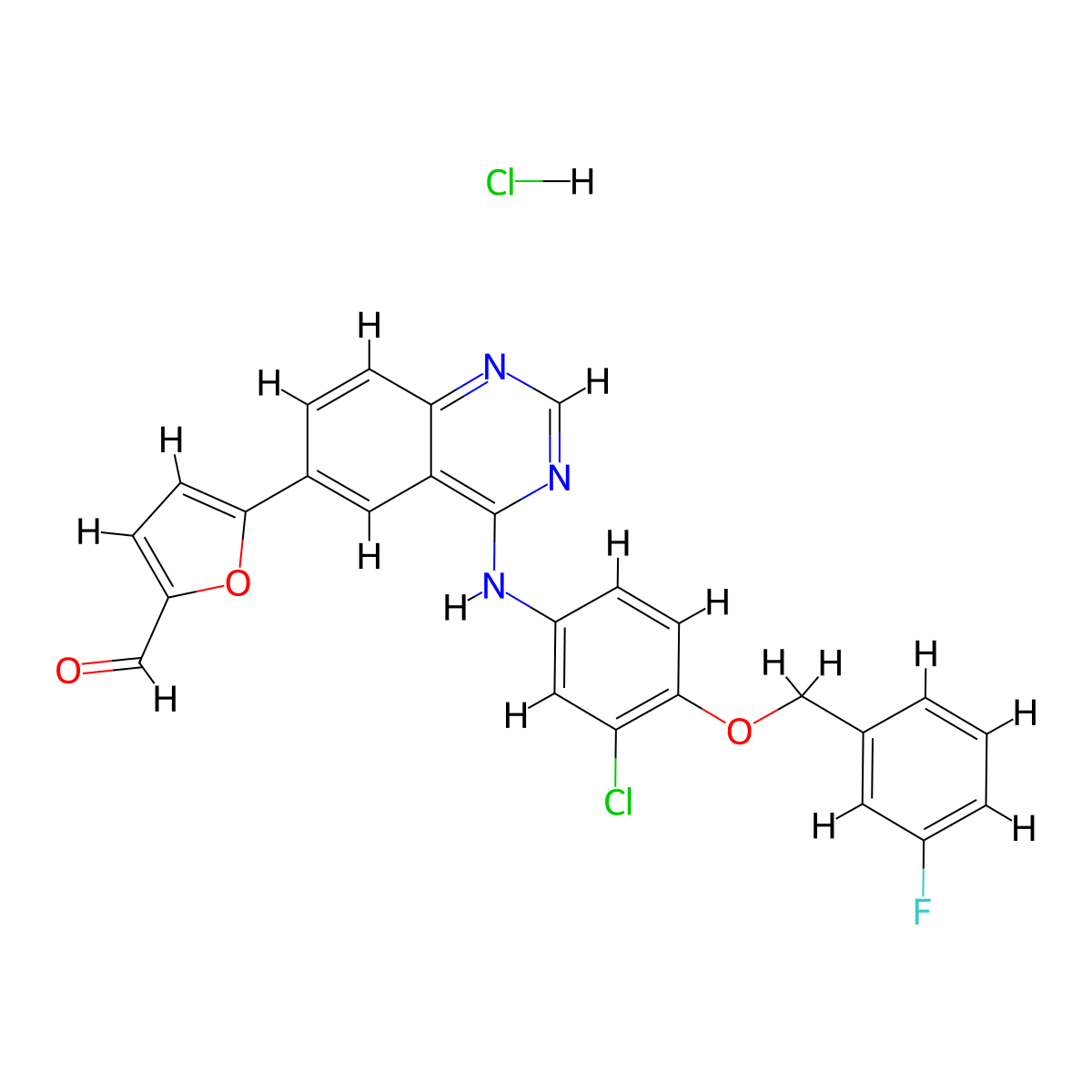 5-(4-((3-Chloro-4-((3-fluorobenzyl)oxy)phenyl)amino)quinazolin-6-yl)furan-2-carbaldehyde hydrochloride molecular structure, CAS 388082-76-6