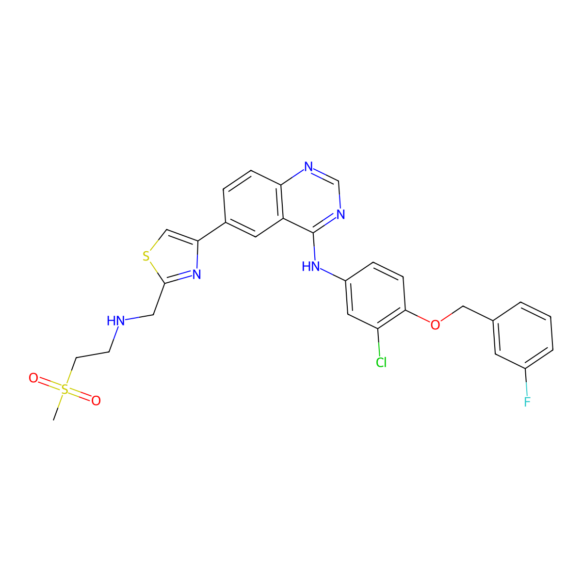N-[3-chloro-4-[(3-fluorophenyl)methoxy]phenyl]-6-[2-[(2-methylsulfonylethylamino)methyl]-1,3-thiazol-4-yl]quinazolin-4-amine molecular structure, CAS 388082-81-3