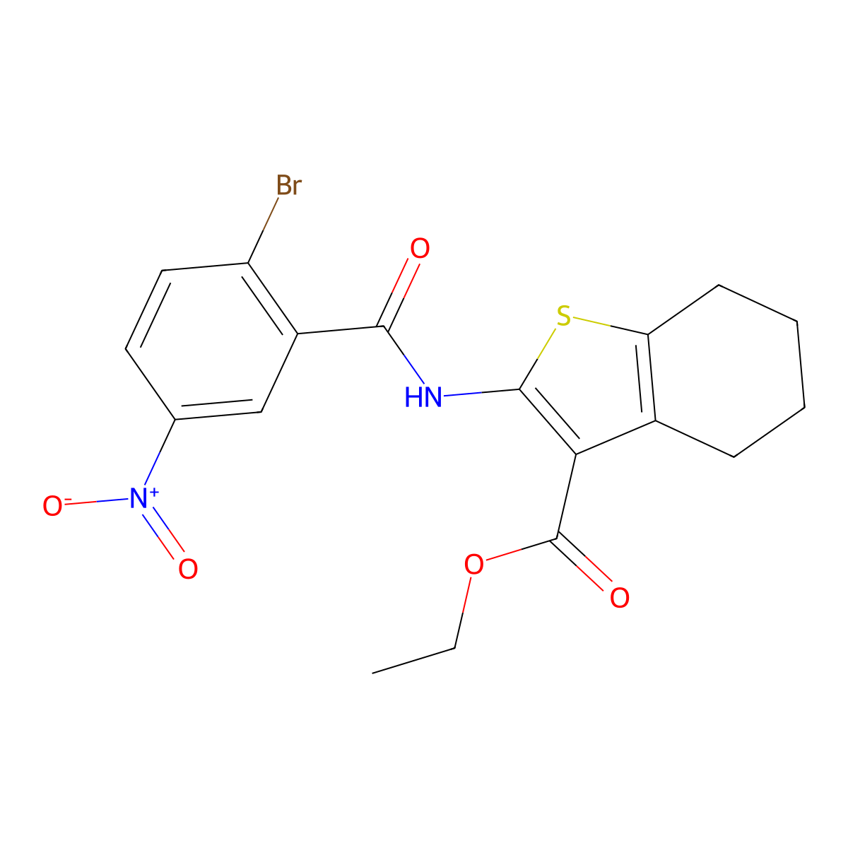 Ethyl 2-(2-bromo-5-nitrobenzamido)-4,5,6,7-tetrahydro-1-benzothiophene-3-carboxylate molecular structure, CAS 388085-09-4