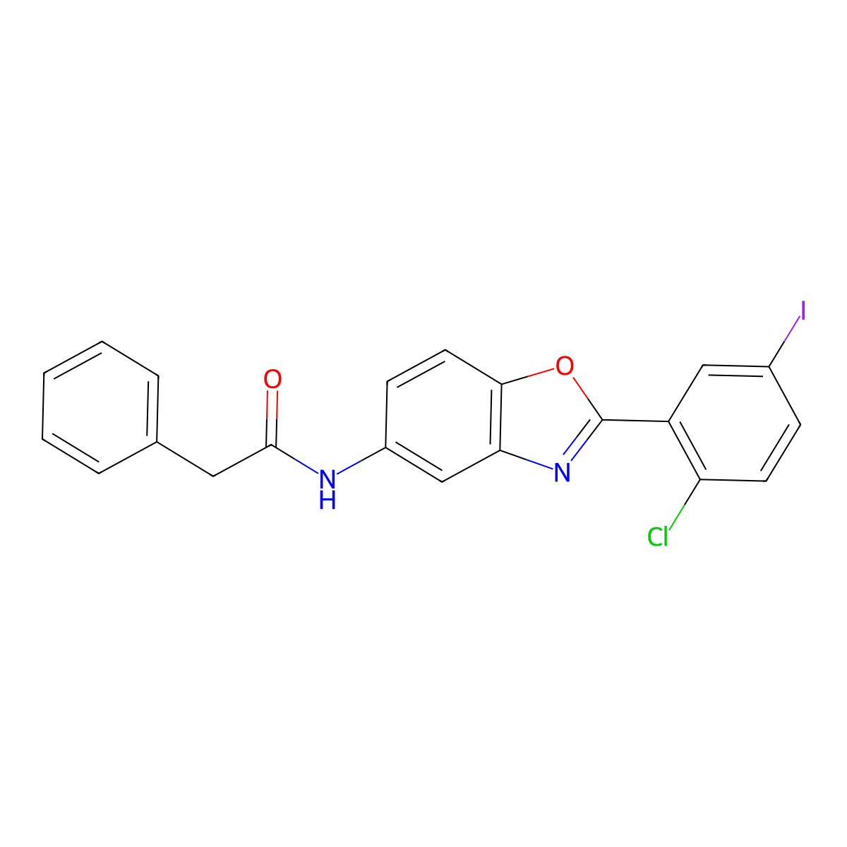 N-[2-(2-chloro-5-iodophenyl)-1,3-benzoxazol-5-yl]-2-phenylacetamide molecular structure, CAS 388086-14-4