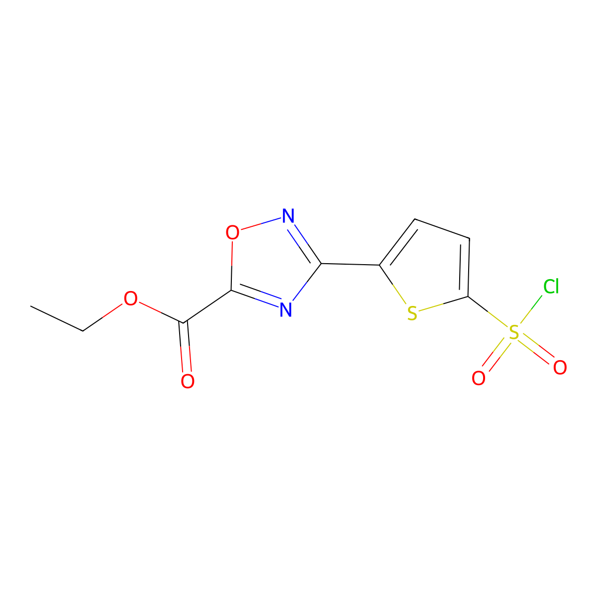 Ethyl 3-(5-(chlorosulfonyl)thiophen-2-yl)-1,2,4-oxadiazole-5-carboxylate molecular structure, CAS 388088-70-8