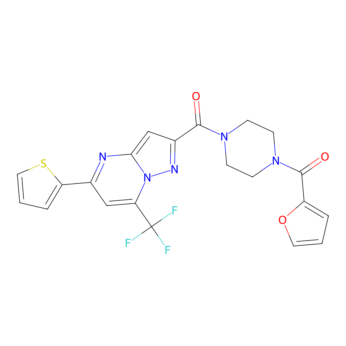 Furan-2-yl-[4-[5-thiophen-2-yl-7-(trifluoromethyl)pyrazolo[1,5-a]pyrimidine-2-carbonyl]piperazin-1-yl]methanone molecular structure, CAS 388114-67-8