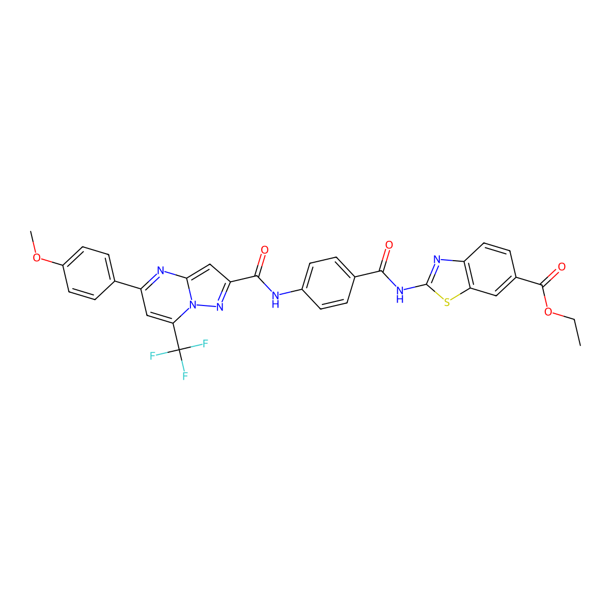 Ethyl 2-(4-(5-(4-methoxyphenyl)-7-(trifluoromethyl)pyrazolo[1,5-a]pyrimidine-2-carboxamido)benzamido)benzo[d]thiazole-6-carboxylate molecular structure, CAS 388114-71-4