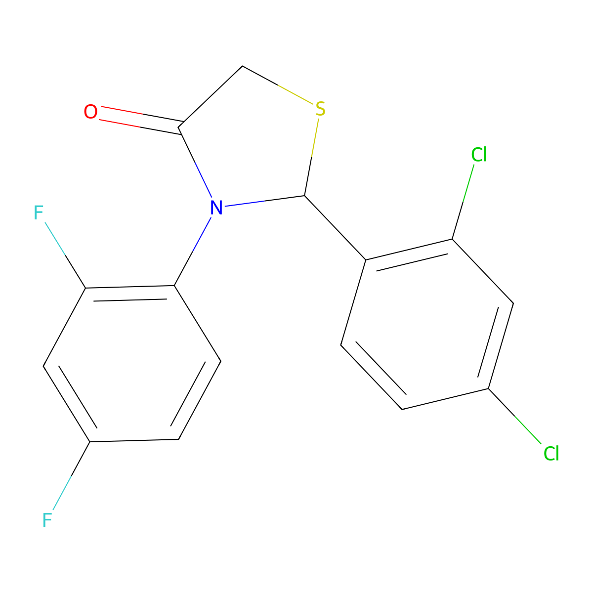 2-(2,4-Dichlorophenyl)-3-(2,4-difluorophenyl)-1,3-thiazolidin-4-one molecular structure, CAS 388592-71-0