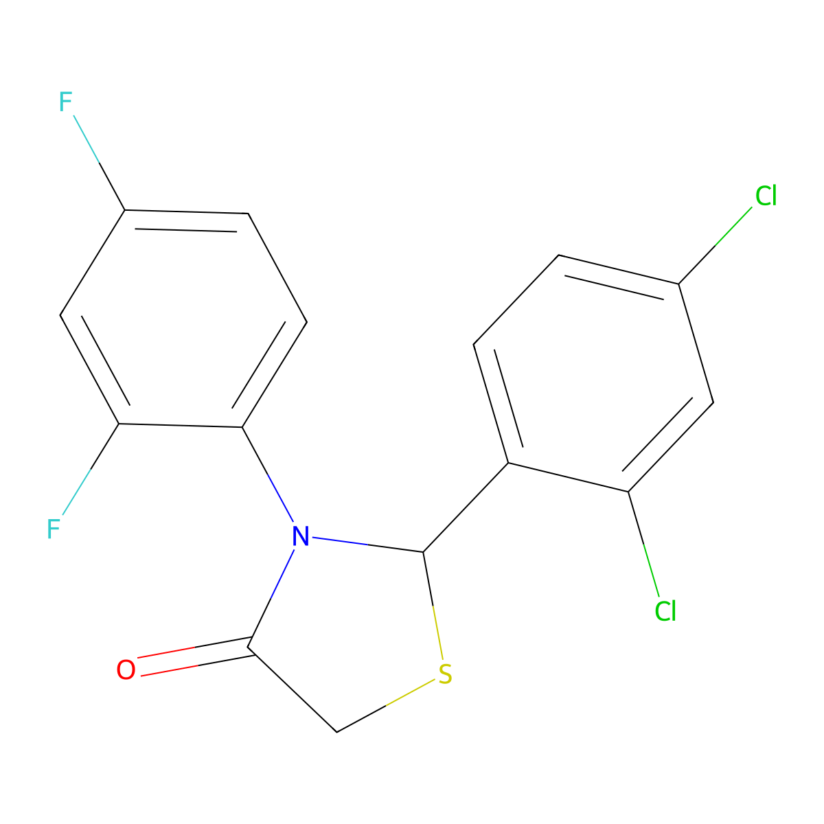 2-(2,4-Dichlorophenyl)-3-(2,4-difluorophenyl)-1,3-thiazolidin-4-one molecular structure, CAS 388592-71-0