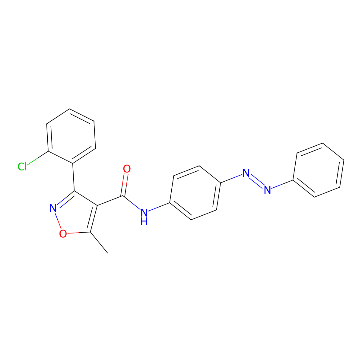 4-Isoxazolecarboxamide, 3-(2-chlorophenyl)-5-methyl-N-[4-(2-phenyldiazenyl)phenyl]- molecular structure, CAS 388608-50-2