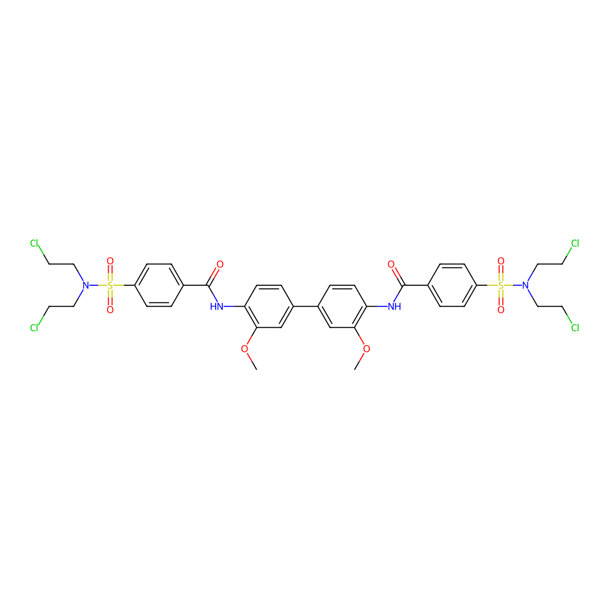 4-[bis(2-chloroethyl)sulfamoyl]-N-[4-[4-[[4-[bis(2-chloroethyl)sulfamoyl]benzoyl]amino]-3-methoxyphenyl]-2-methoxyphenyl]benzamide molecular structure, CAS 388624-57-5
