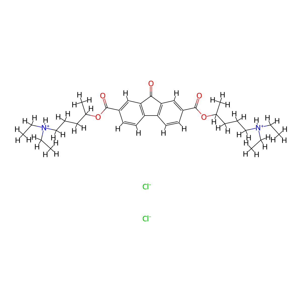 9H-Fluorene-2,7-dicarboxylic acid, 9-oxo-, bis(4-(diethylamino)-1-methylbutyl) ester, hydrochloride, hydrate (3:6:1) molecular structure, CAS 38865-09-7