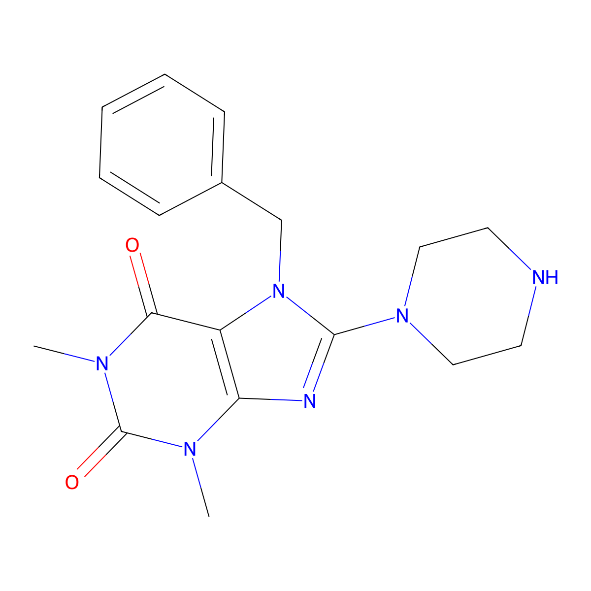 7-Benzyl-1,3-dimethyl-8-piperazin-1-yl-3,7-dihydropurine-2,6-dione molecular structure, CAS 389060-02-0
