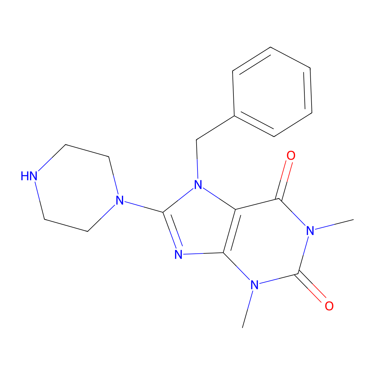 7-Benzyl-1,3-dimethyl-8-piperazin-1-yl-3,7-dihydropurine-2,6-dione molecular structure, CAS 389060-02-0