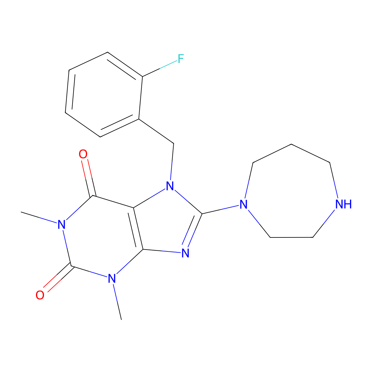 8-(1,4-diazepan-1-yl)-7-(2-fluorobenzyl)-1,3-dimethyl-3,7-dihydro-1H-purine-2,6-dione molecular structure, CAS 389060-27-9