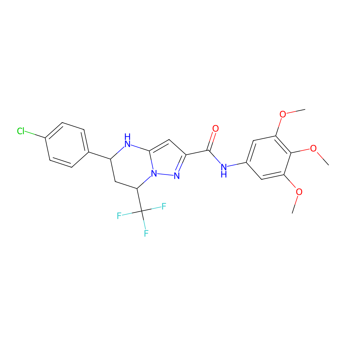5-(4-chlorophenyl)-7-(trifluoromethyl)-N-(3,4,5-trimethoxyphenyl)-4,5,6,7-tetrahydropyrazolo[1,5-a]pyrimidine-2-carboxamide molecular structure, CAS 389069-03-8
