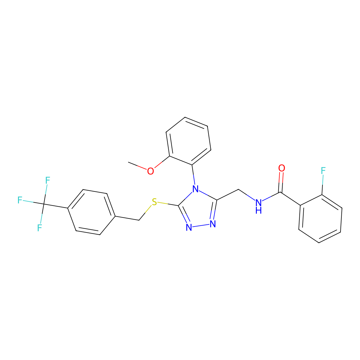 2-fluoro-N-[[4-(2-methoxyphenyl)-5-[[4-(trifluoromethyl)phenyl]methylsulfanyl]-1,2,4-triazol-3-yl]methyl]benzamide molecular structure, CAS 389070-61-5