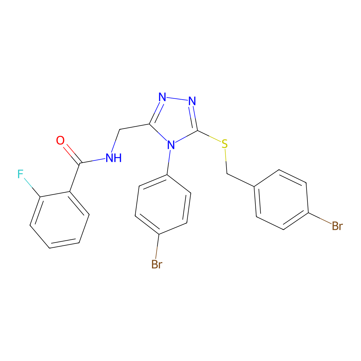 N-((5-((4-bromobenzyl)thio)-4-(4-bromophenyl)-4H-1,2,4-triazol-3-yl)methyl)-2-fluorobenzamide molecular structure, CAS 389070-62-6