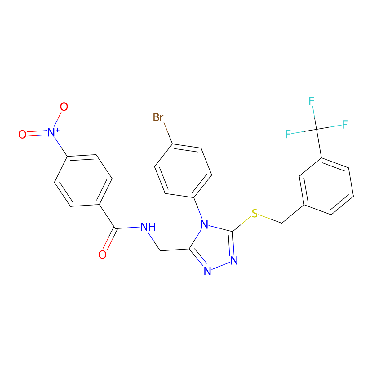 N-((4-(4-bromophenyl)-5-((3-(trifluoromethyl)benzyl)thio)-4H-1,2,4-triazol-3-yl)methyl)-4-nitrobenzamide molecular structure, CAS 389070-65-9