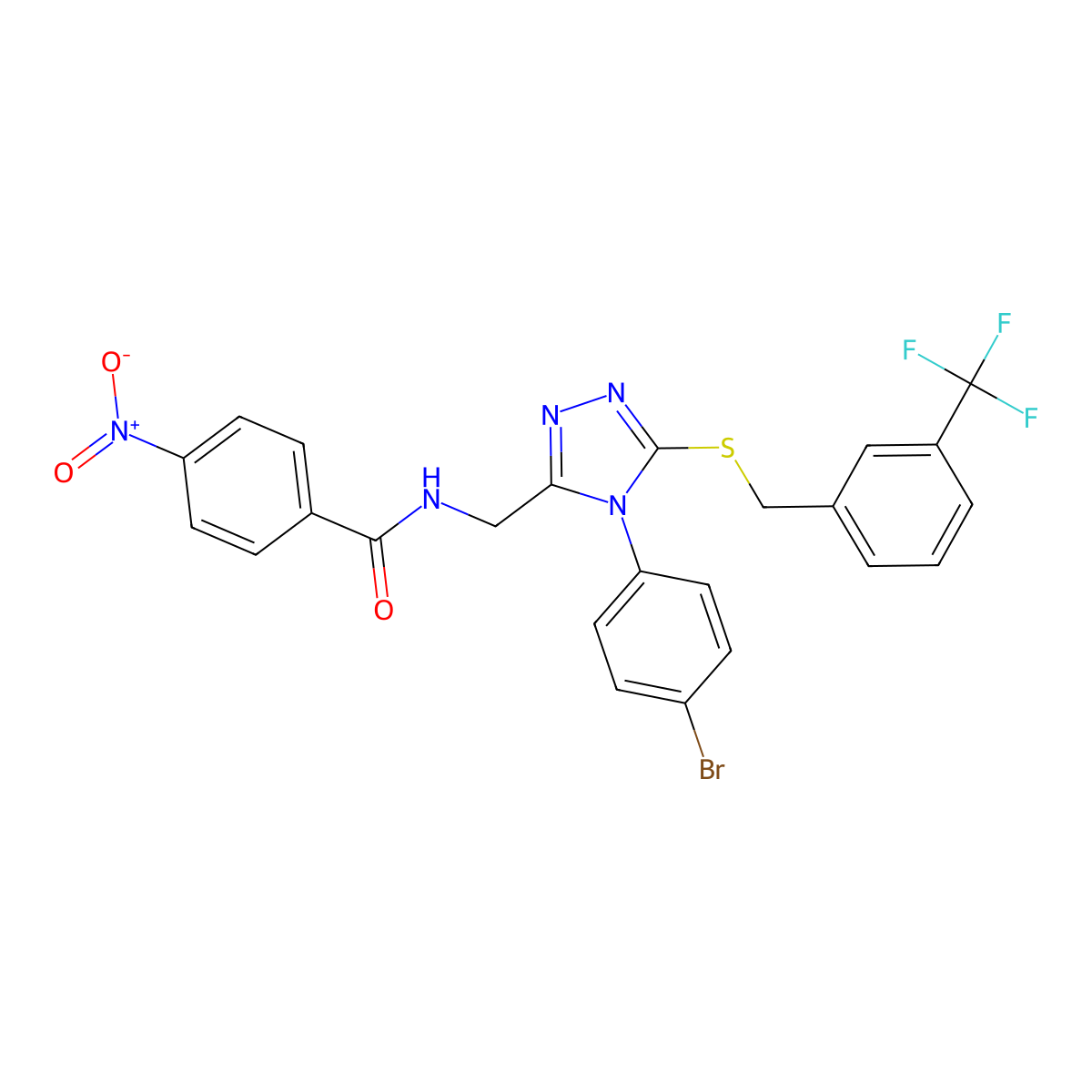 N-((4-(4-bromophenyl)-5-((3-(trifluoromethyl)benzyl)thio)-4H-1,2,4-triazol-3-yl)methyl)-4-nitrobenzamide molecular structure, CAS 389070-65-9