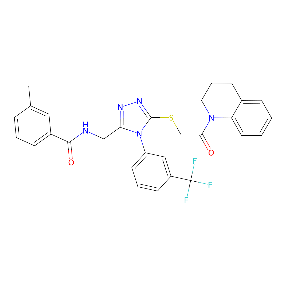 N-((5-((2-(3,4-dihydroquinolin-1(2H)-yl)-2-oxoethyl)thio)-4-(3-(trifluoromethyl)phenyl)-4H-1,2,4-triazol-3-yl)methyl)-3-methylbenzamide molecular structure, CAS 389070-68-2