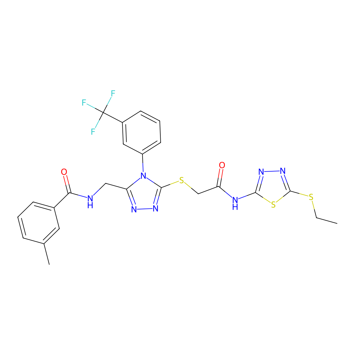 N-((5-((2-((5-(ethylthio)-1,3,4-thiadiazol-2-yl)amino)-2-oxoethyl)thio)-4-(3-(trifluoromethyl)phenyl)-4H-1,2,4-triazol-3-yl)methyl)-3-methylbenzamide molecular structure, CAS 389070-69-3