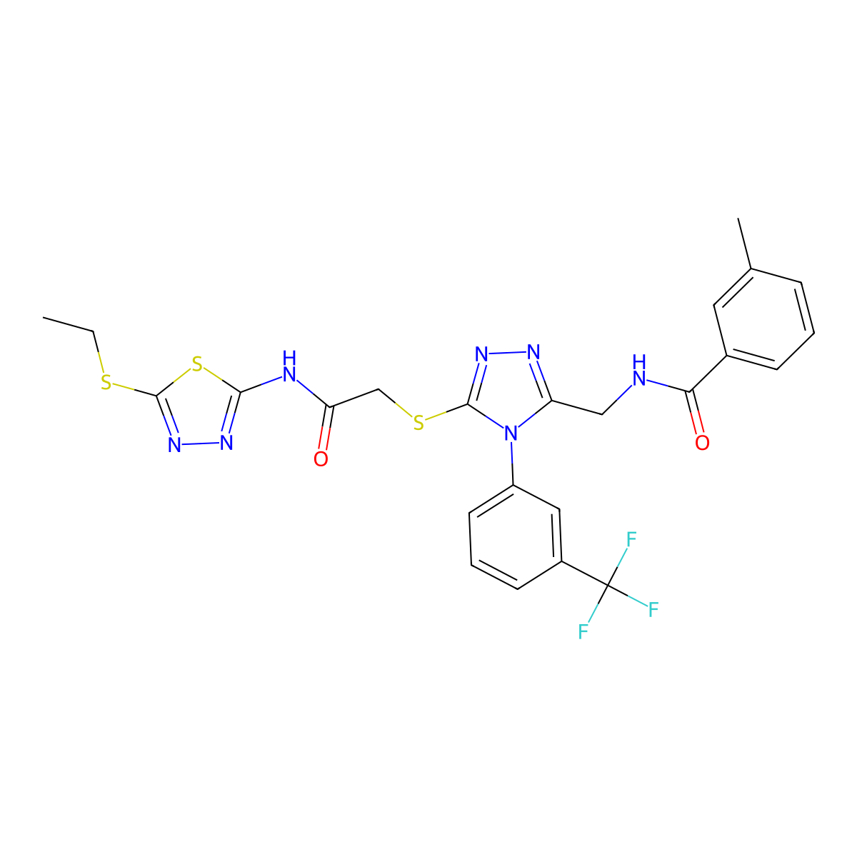N-((5-((2-((5-(ethylthio)-1,3,4-thiadiazol-2-yl)amino)-2-oxoethyl)thio)-4-(3-(trifluoromethyl)phenyl)-4H-1,2,4-triazol-3-yl)methyl)-3-methylbenzamide molecular structure, CAS 389070-69-3