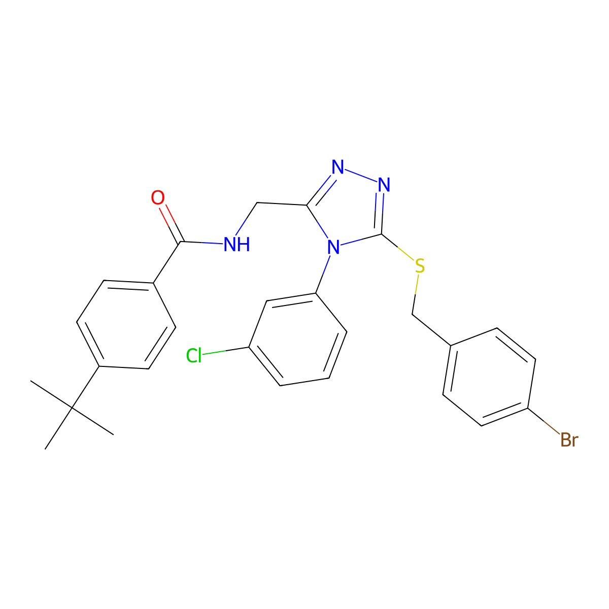 N-[[5-[(4-bromophenyl)methylsulfanyl]-4-(3-chlorophenyl)-1,2,4-triazol-3-yl]methyl]-4-tert-butylbenzamide molecular structure, CAS 389070-70-6