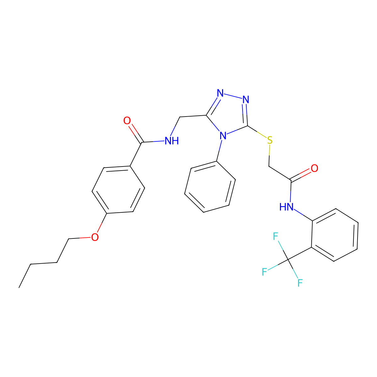 4-butoxy-N-((5-((2-oxo-2-((2-(trifluoromethyl)phenyl)amino)ethyl)thio)-4-phenyl-4H-1,2,4-triazol-3-yl)methyl)benzamide molecular structure, CAS 389070-76-2