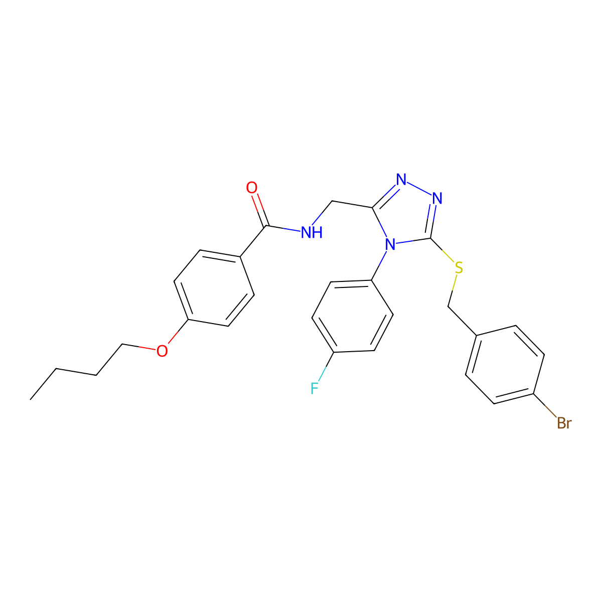 N-[[5-[(4-bromophenyl)methylsulfanyl]-4-(4-fluorophenyl)-1,2,4-triazol-3-yl]methyl]-4-butoxybenzamide molecular structure, CAS 389070-79-5