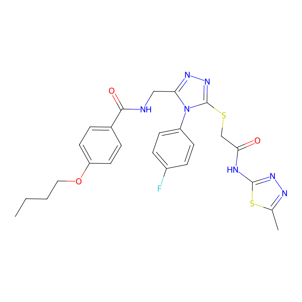4-butoxy-N-((4-(4-fluorophenyl)-5-((2-((5-methyl-1,3,4-thiadiazol-2-yl)amino)-2-oxoethyl)thio)-4H-1,2,4-triazol-3-yl)methyl)benzamide molecular structure, CAS 389070-80-8