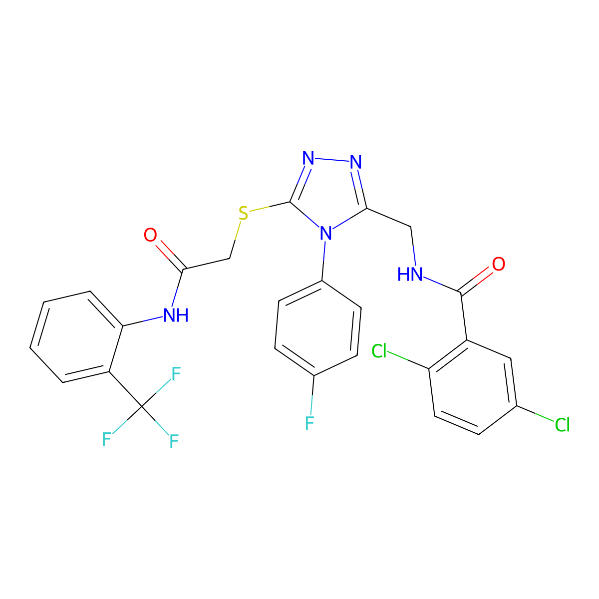 2,5-dichloro-N-{[4-(4-fluorophenyl)-5-[({[2-(trifluoromethyl)phenyl]carbamoyl}methyl)sulfanyl]-4H-1,2,4-triazol-3-yl]methyl}benzamide molecular structure, CAS 389070-85-3