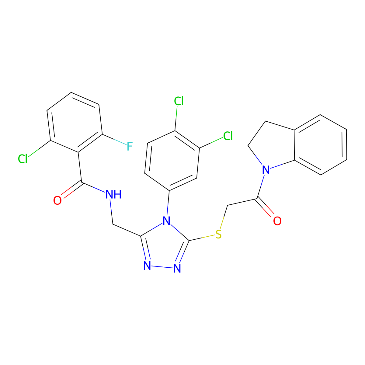 2-chloro-N-((4-(3,4-dichlorophenyl)-5-((2-(indolin-1-yl)-2-oxoethyl)thio)-4H-1,2,4-triazol-3-yl)methyl)-6-fluorobenzamide molecular structure, CAS 389070-86-4