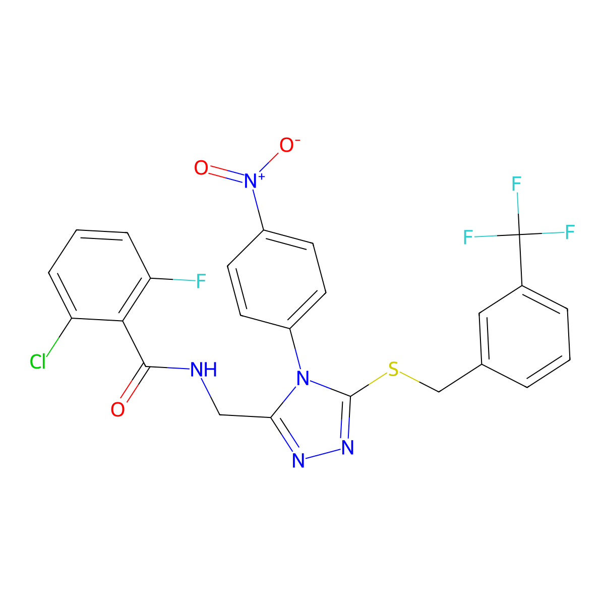 2-chloro-6-fluoro-N-((4-(4-nitrophenyl)-5-((3-(trifluoromethyl)benzyl)thio)-4H-1,2,4-triazol-3-yl)methyl)benzamide molecular structure, CAS 389070-87-5