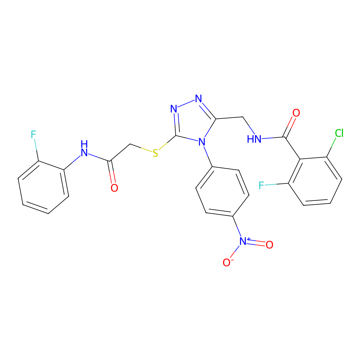 2-chloro-6-fluoro-N-[[5-[2-(2-fluoroanilino)-2-oxoethyl]sulfanyl-4-(4-nitrophenyl)-1,2,4-triazol-3-yl]methyl]benzamide molecular structure, CAS 389070-88-6