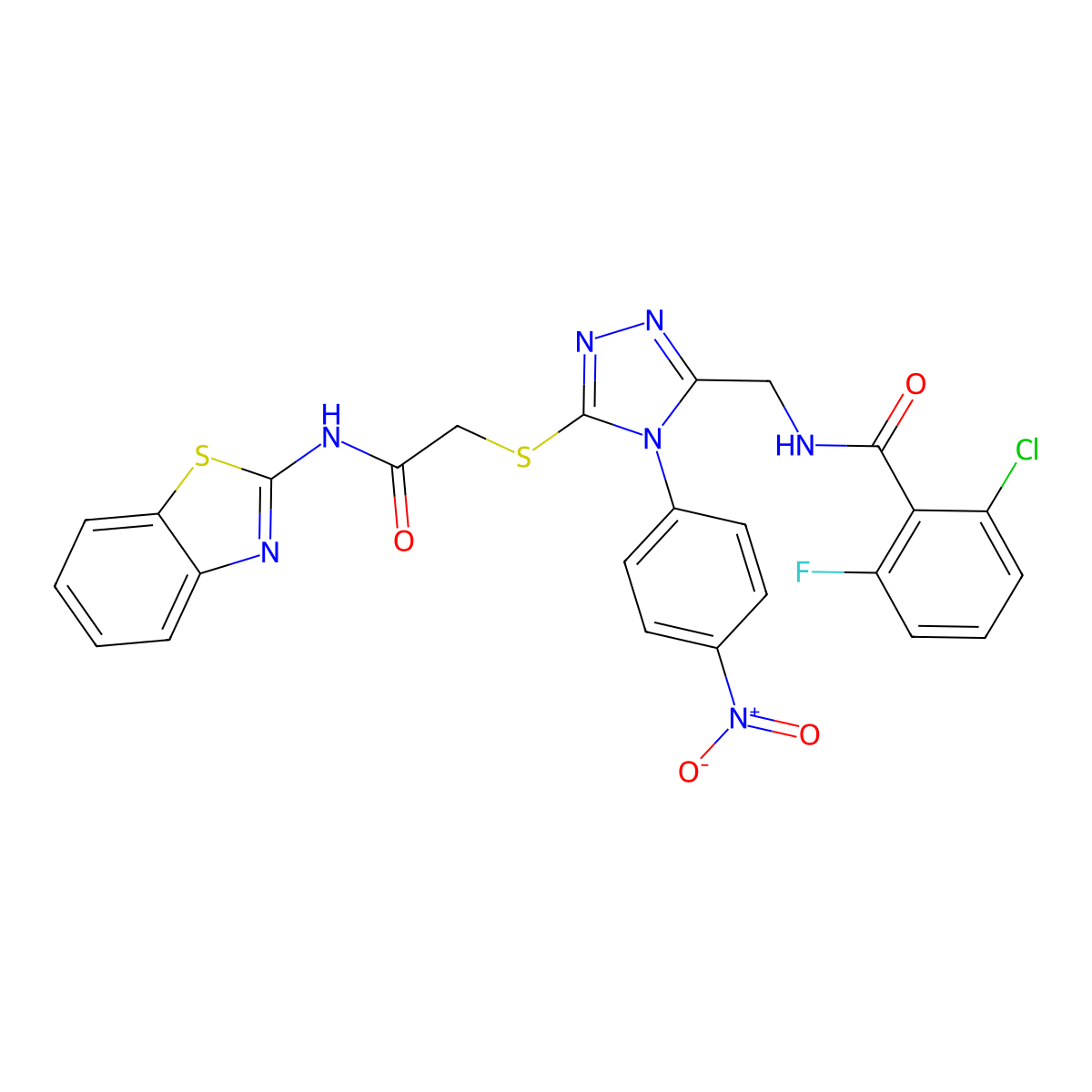 N-{[5-({[(1,3-benzothiazol-2-yl)carbamoyl]methyl}sulfanyl)-4-(4-nitrophenyl)-4H-1,2,4-triazol-3-yl]methyl}-2-chloro-6-fluorobenzamide molecular structure, CAS 389070-89-7