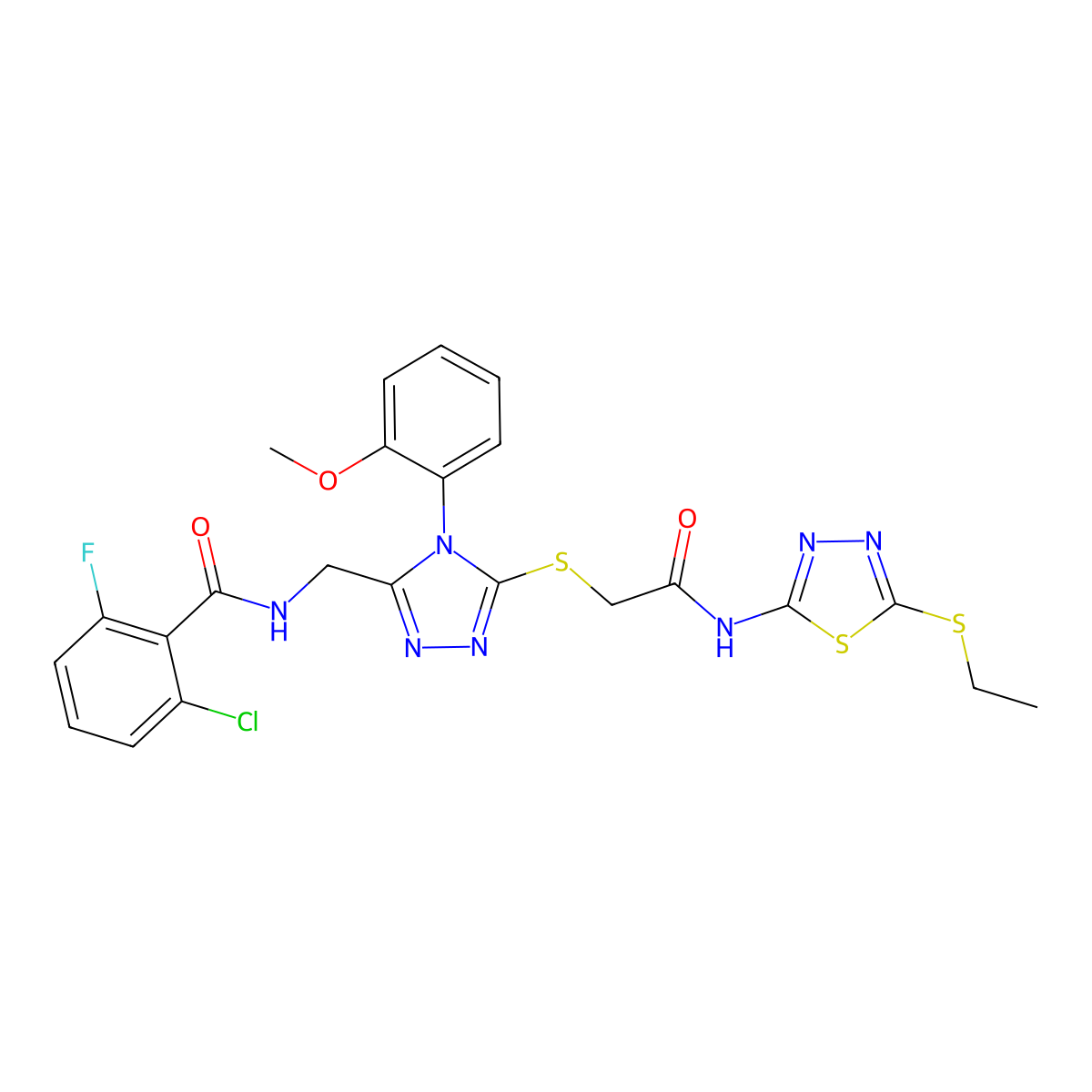 2-chloro-N-((5-((2-((5-(ethylthio)-1,3,4-thiadiazol-2-yl)amino)-2-oxoethyl)thio)-4-(2-methoxyphenyl)-4H-1,2,4-triazol-3-yl)methyl)-6-fluorobenzamide molecular structure, CAS 389070-91-1