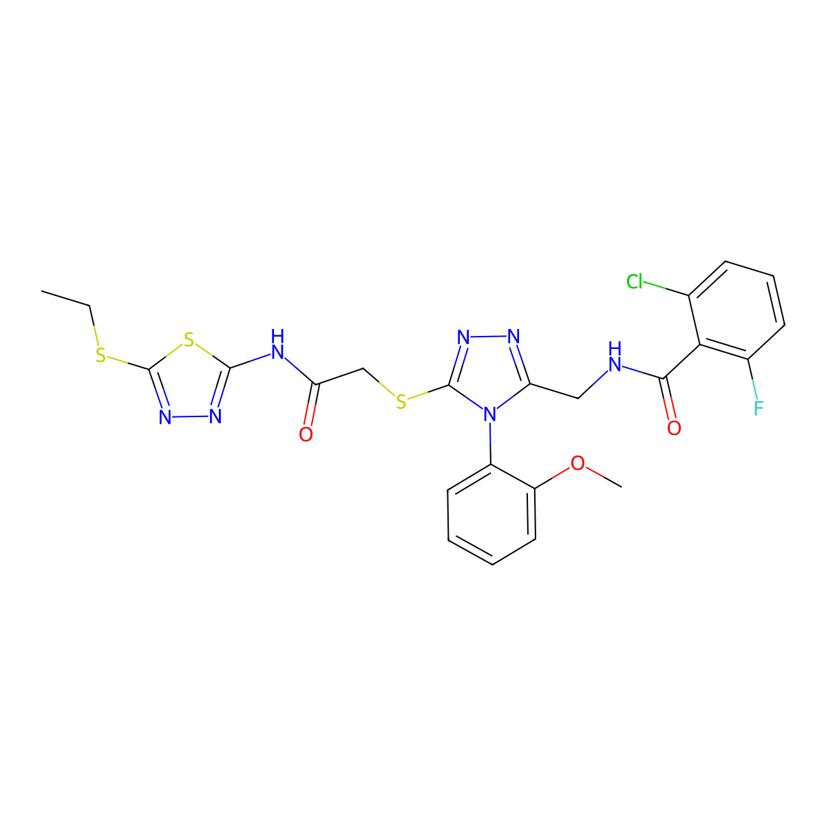 2-chloro-N-((5-((2-((5-(ethylthio)-1,3,4-thiadiazol-2-yl)amino)-2-oxoethyl)thio)-4-(2-methoxyphenyl)-4H-1,2,4-triazol-3-yl)methyl)-6-fluorobenzamide molecular structure, CAS 389070-91-1