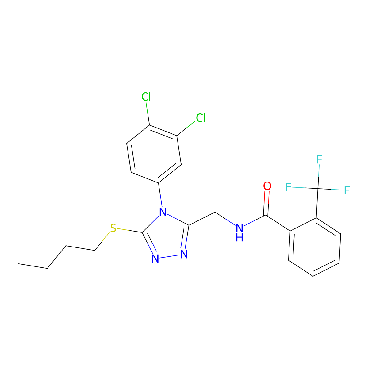 N-[[5-butylsulfanyl-4-(3,4-dichlorophenyl)-1,2,4-triazol-3-yl]methyl]-2-(trifluoromethyl)benzamide molecular structure, CAS 389070-96-6