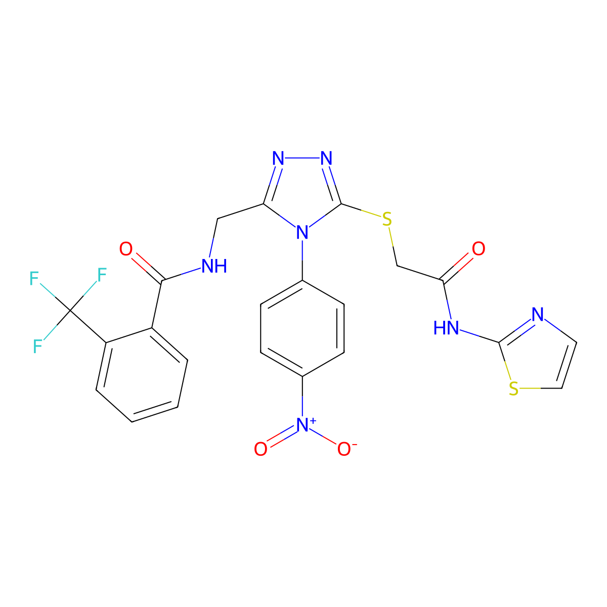 N-((4-(4-nitrophenyl)-5-((2-oxo-2-(thiazol-2-ylamino)ethyl)thio)-4H-1,2,4-triazol-3-yl)methyl)-2-(trifluoromethyl)benzamide molecular structure, CAS 389070-99-9