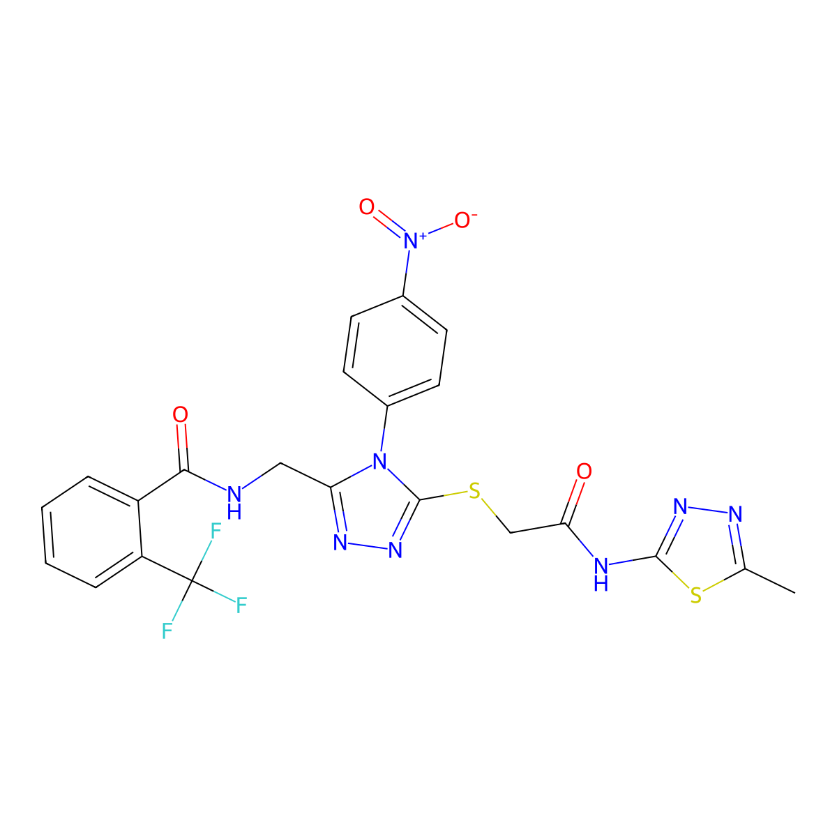 N-((5-((2-((5-methyl-1,3,4-thiadiazol-2-yl)amino)-2-oxoethyl)thio)-4-(4-nitrophenyl)-4H-1,2,4-triazol-3-yl)methyl)-2-(trifluoromethyl)benzamide molecular structure, CAS 389071-00-5