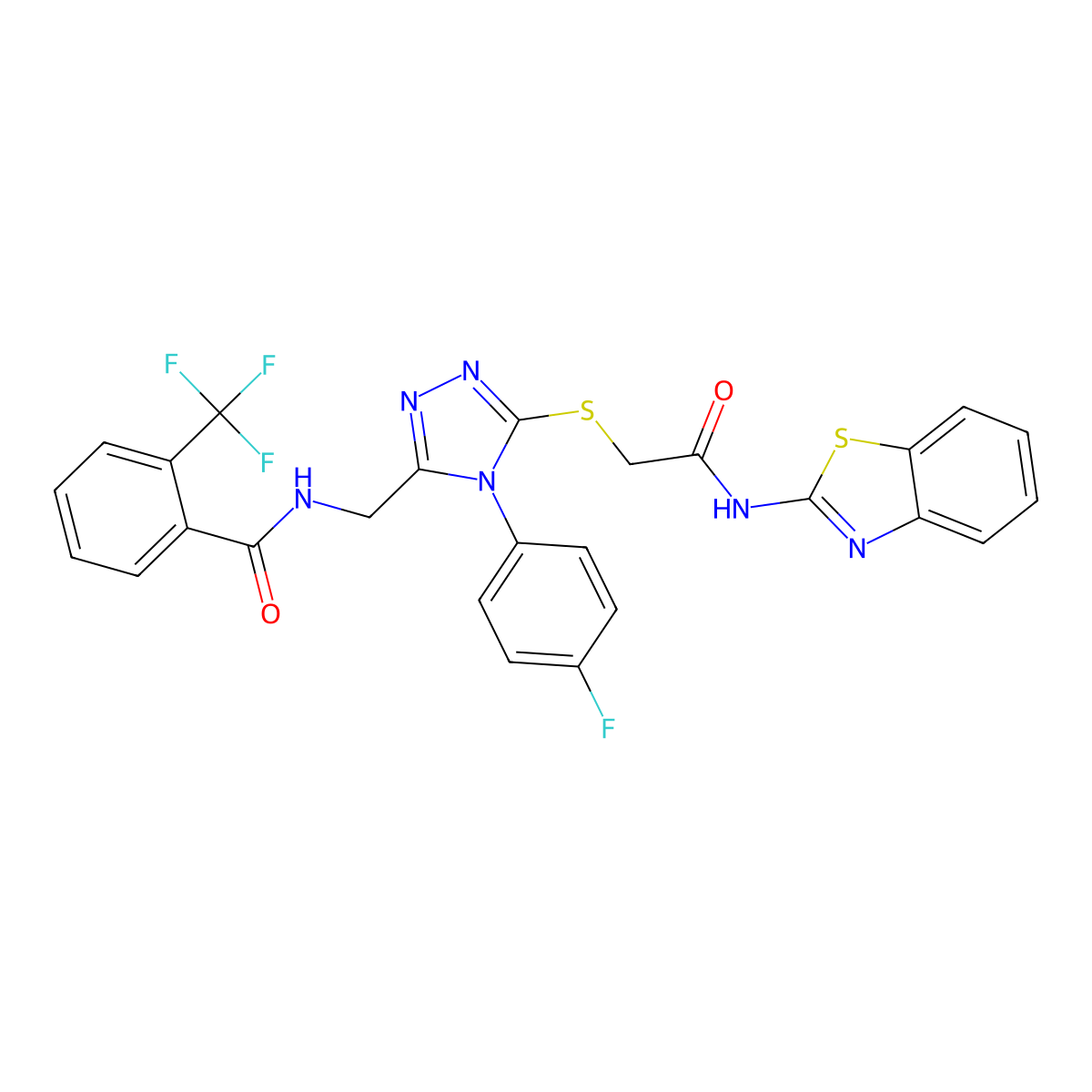 N-((5-((2-(benzo[d]thiazol-2-ylamino)-2-oxoethyl)thio)-4-(4-fluorophenyl)-4H-1,2,4-triazol-3-yl)methyl)-2-(trifluoromethyl)benzamide molecular structure, CAS 389071-04-9