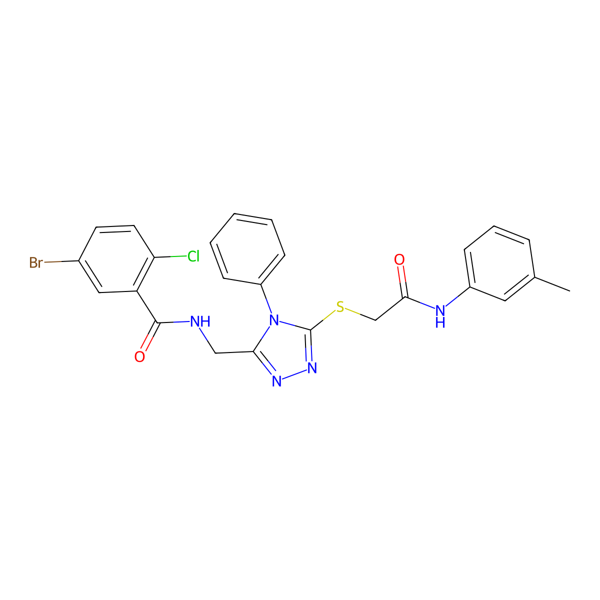 5-bromo-2-chloro-N-((5-((2-oxo-2-(m-tolylamino)ethyl)thio)-4-phenyl-4H-1,2,4-triazol-3-yl)methyl)benzamide molecular structure, CAS 389071-06-1