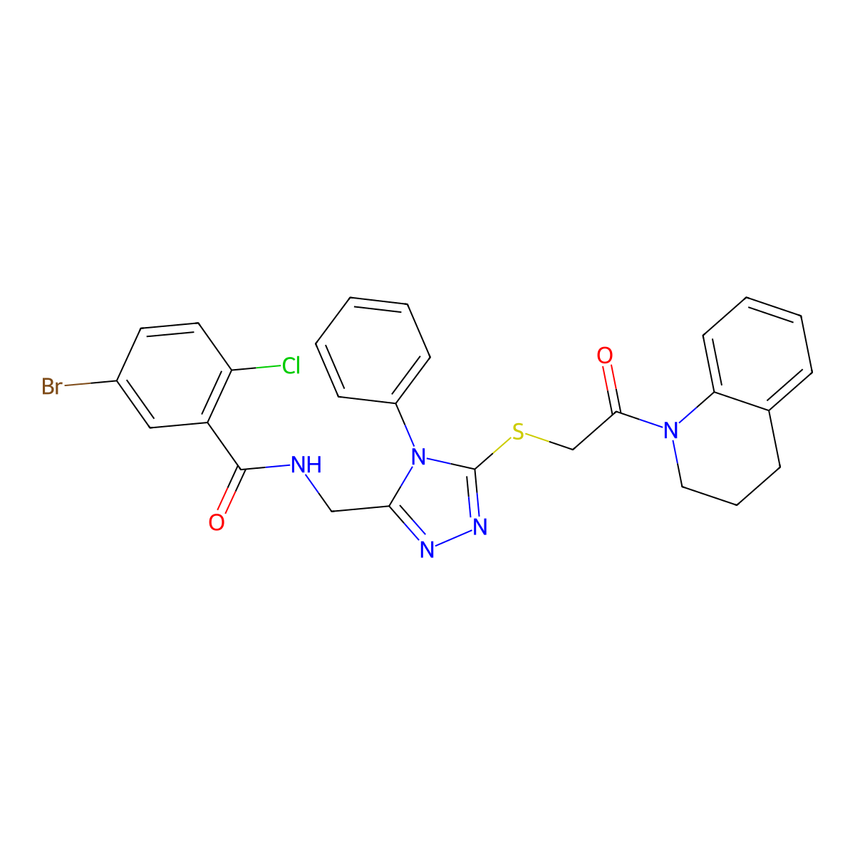 5-bromo-2-chloro-N-((5-((2-(3,4-dihydroquinolin-1(2H)-yl)-2-oxoethyl)thio)-4-phenyl-4H-1,2,4-triazol-3-yl)methyl)benzamide molecular structure, CAS 389071-07-2