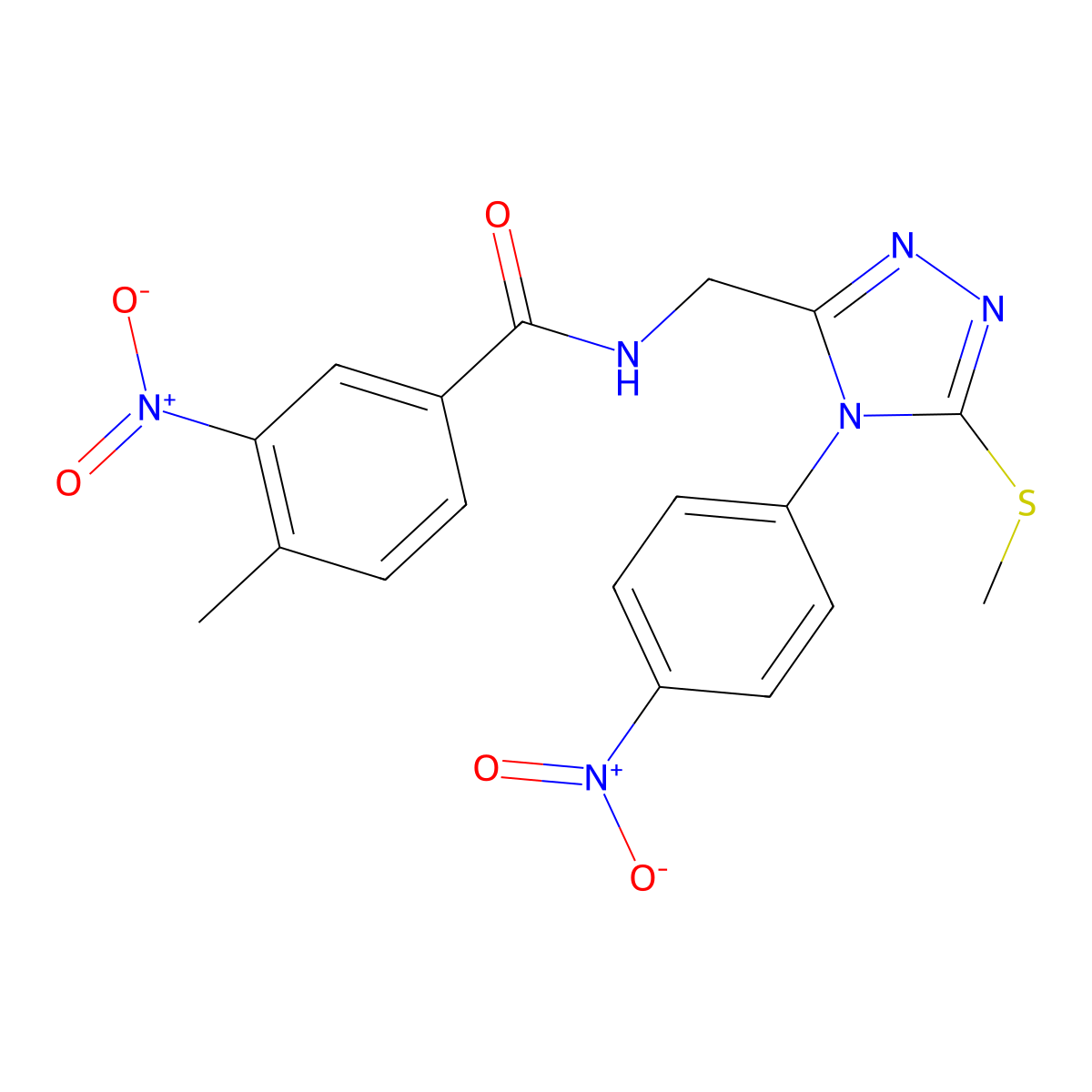 4-methyl-N-((5-(methylthio)-4-(4-nitrophenyl)-4H-1,2,4-triazol-3-yl)methyl)-3-nitrobenzamide molecular structure, CAS 389071-20-9