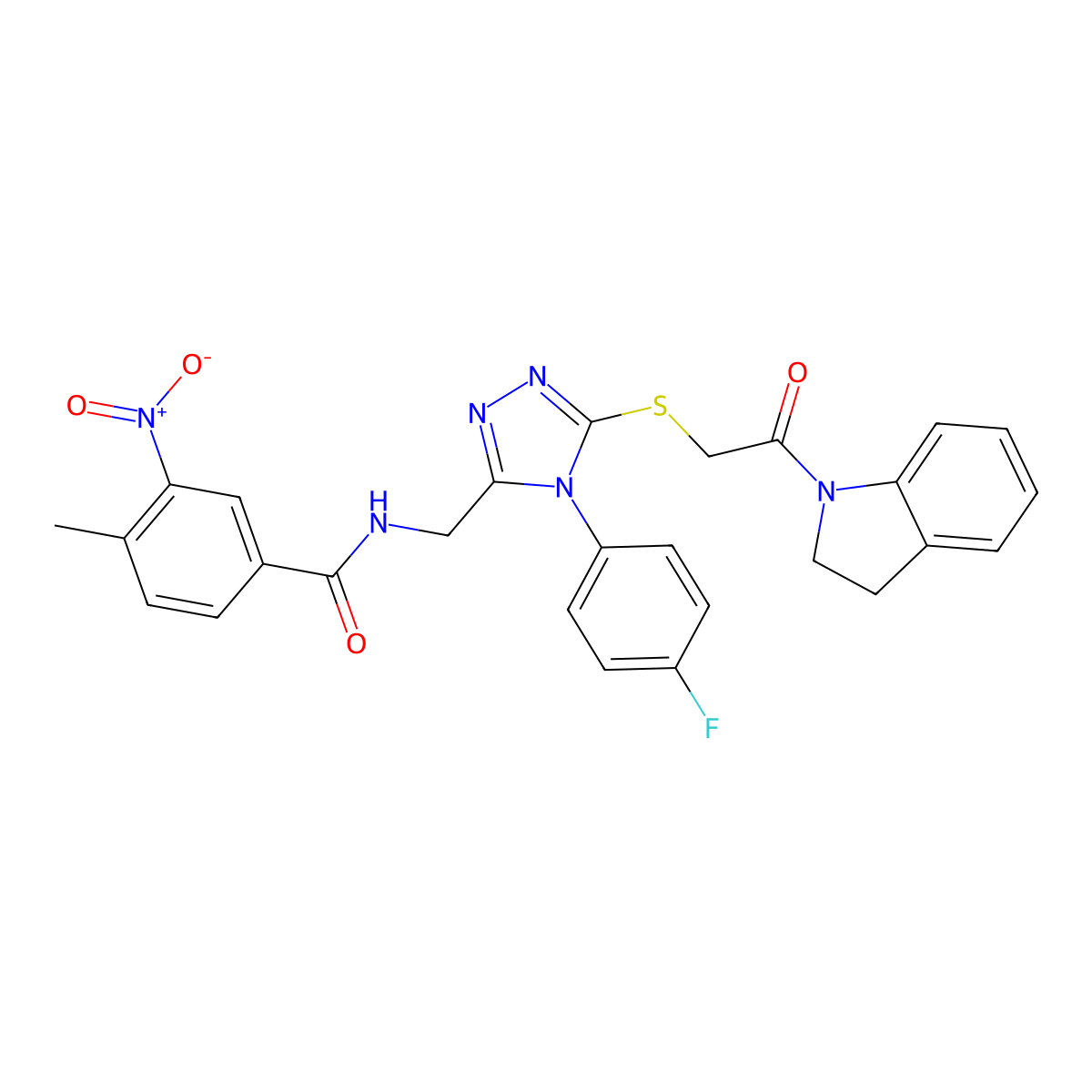 N-((4-(4-fluorophenyl)-5-((2-(indolin-1-yl)-2-oxoethyl)thio)-4H-1,2,4-triazol-3-yl)methyl)-4-methyl-3-nitrobenzamide molecular structure, CAS 389071-22-1