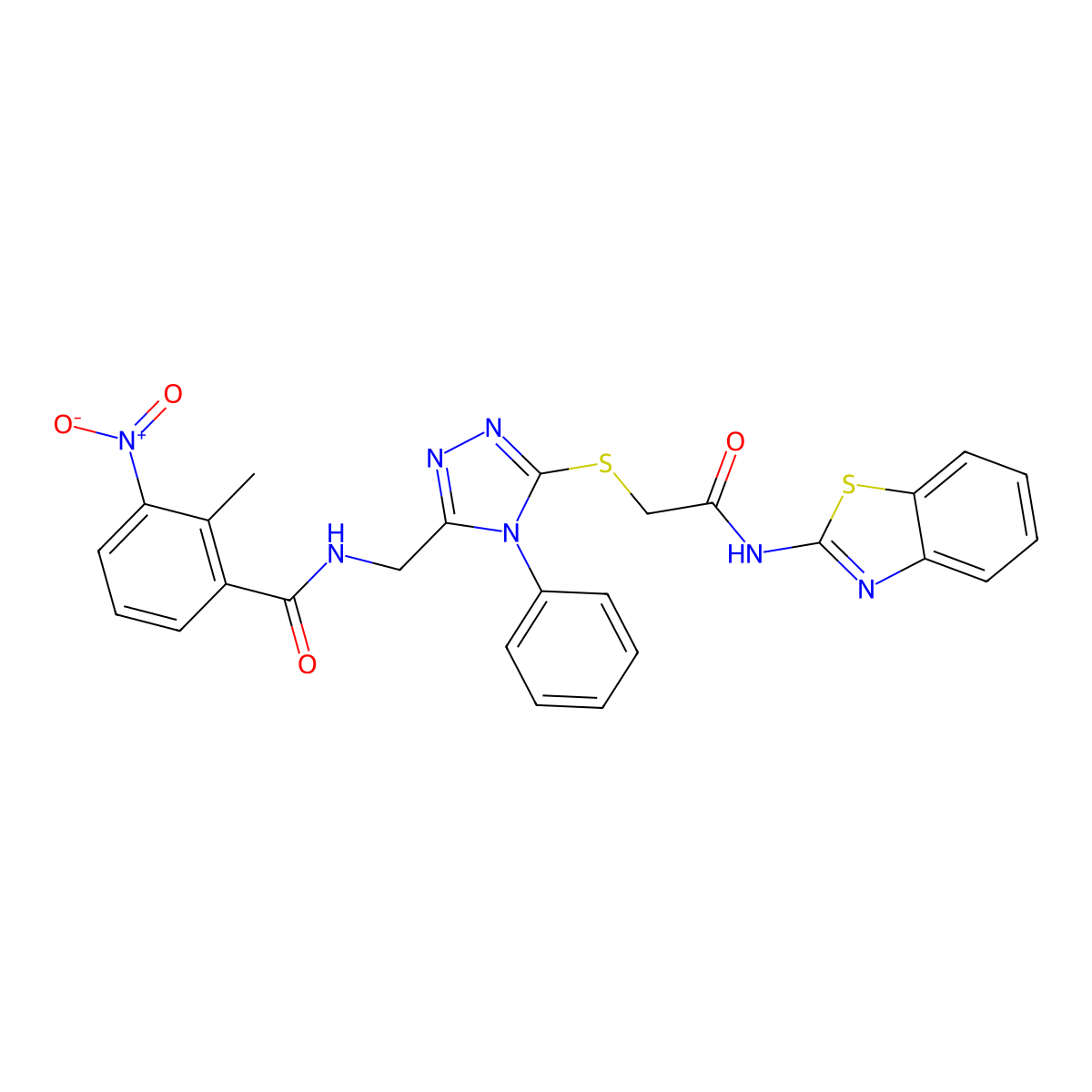 N-{[5-({[(1,3-benzothiazol-2-yl)carbamoyl]methyl}sulfanyl)-4-phenyl-4H-1,2,4-triazol-3-yl]methyl}-2-methyl-3-nitrobenzamide molecular structure, CAS 389071-24-3
