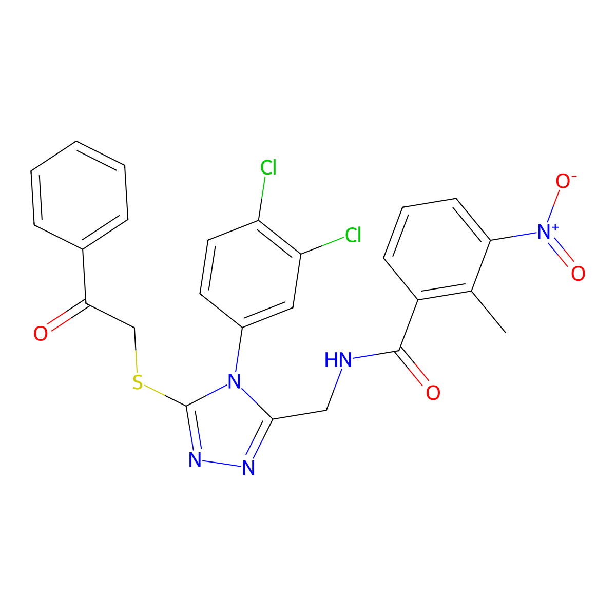 N-((4-(3,4-dichlorophenyl)-5-((2-oxo-2-phenylethyl)thio)-4H-1,2,4-triazol-3-yl)methyl)-2-methyl-3-nitrobenzamide molecular structure, CAS 389071-25-4