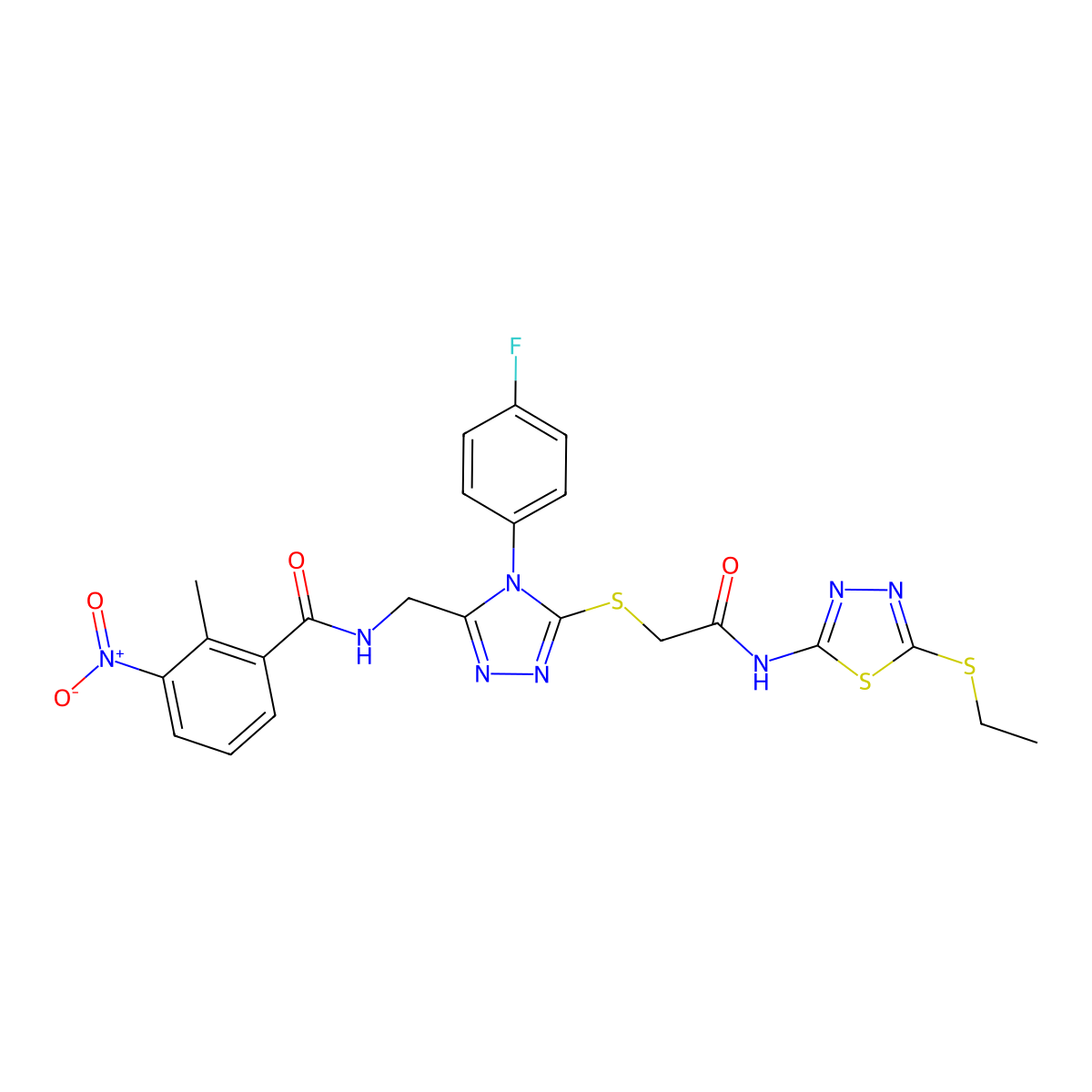 N-((5-((2-((5-(ethylthio)-1,3,4-thiadiazol-2-yl)amino)-2-oxoethyl)thio)-4-(4-fluorophenyl)-4H-1,2,4-triazol-3-yl)methyl)-2-methyl-3-nitrobenzamide molecular structure, CAS 389071-27-6