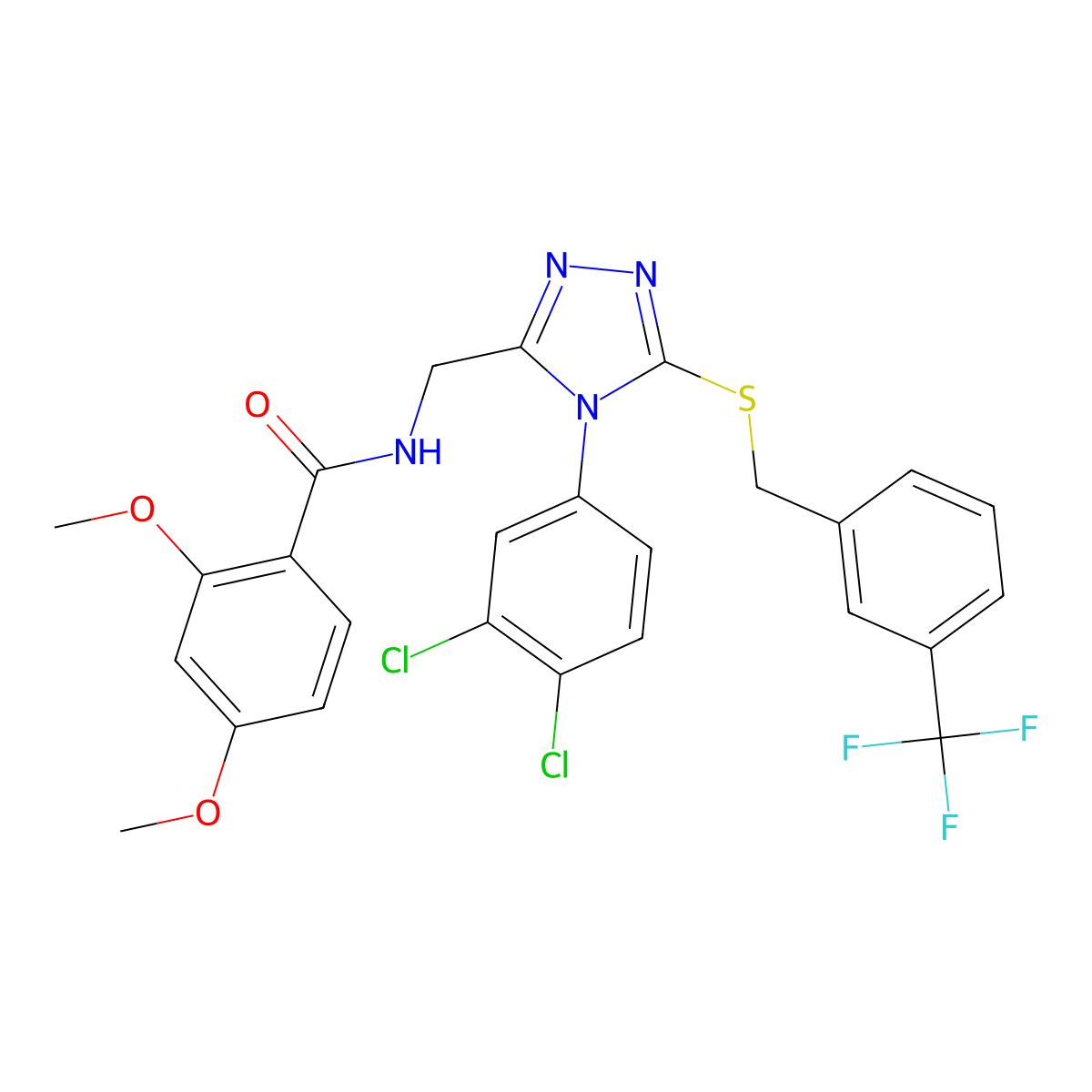 N-((4-(3,4-dichlorophenyl)-5-((3-(trifluoromethyl)benzyl)thio)-4H-1,2,4-triazol-3-yl)methyl)-2,4-dimethoxybenzamide molecular structure, CAS 389071-29-8