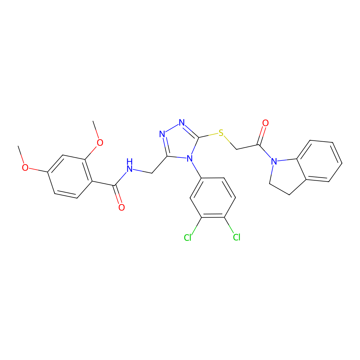 N-((4-(3,4-dichlorophenyl)-5-((2-(indolin-1-yl)-2-oxoethyl)thio)-4H-1,2,4-triazol-3-yl)methyl)-2,4-dimethoxybenzamide molecular structure, CAS 389071-30-1