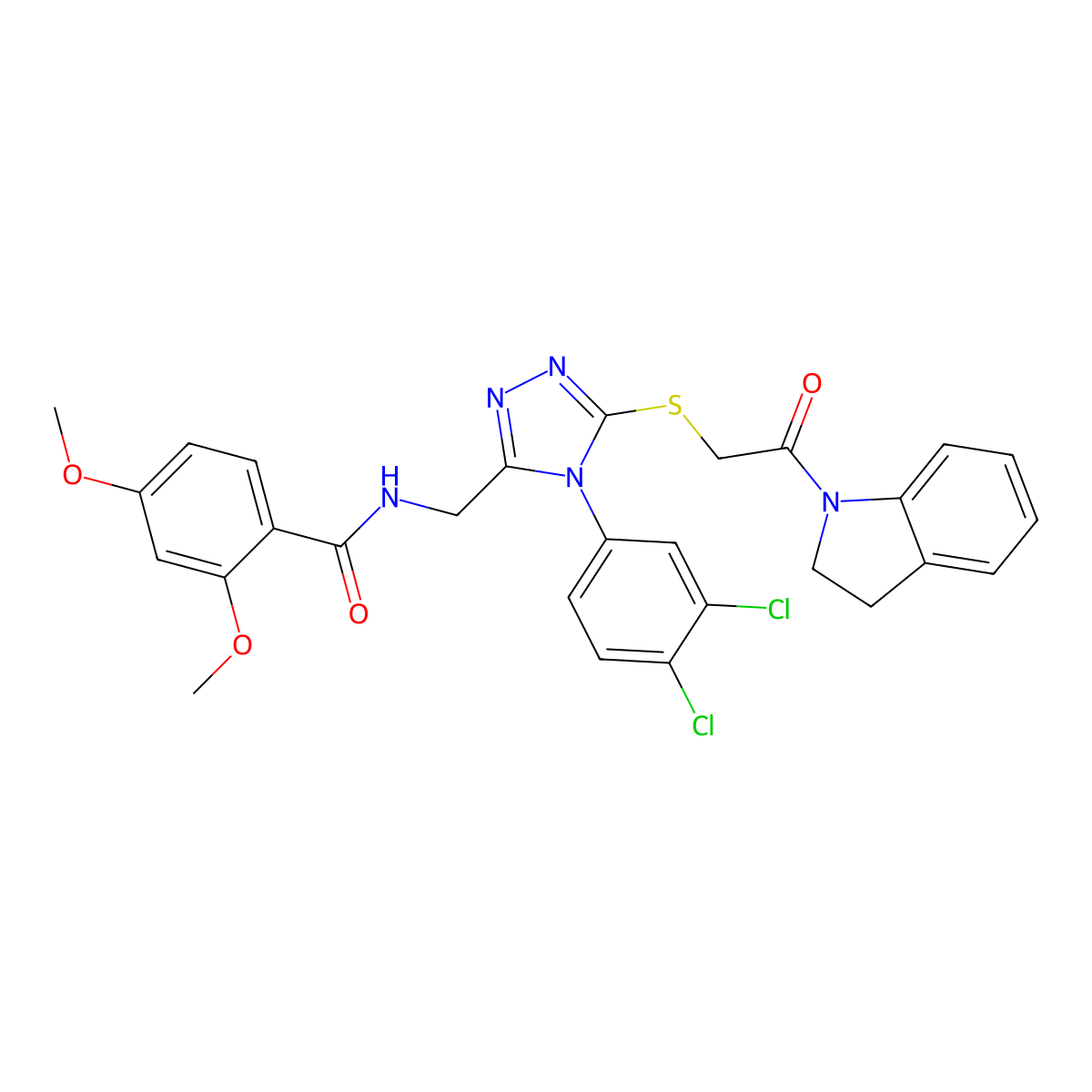 N-((4-(3,4-dichlorophenyl)-5-((2-(indolin-1-yl)-2-oxoethyl)thio)-4H-1,2,4-triazol-3-yl)methyl)-2,4-dimethoxybenzamide molecular structure, CAS 389071-30-1