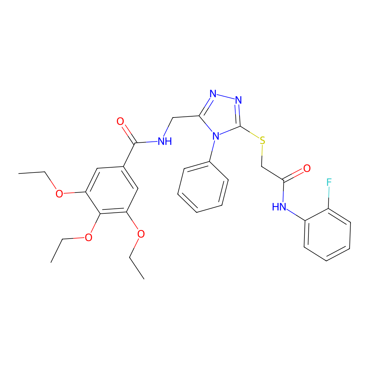 3,4,5-triethoxy-N-((5-((2-((2-fluorophenyl)amino)-2-oxoethyl)thio)-4-phenyl-4H-1,2,4-triazol-3-yl)methyl)benzamide molecular structure, CAS 389071-37-8